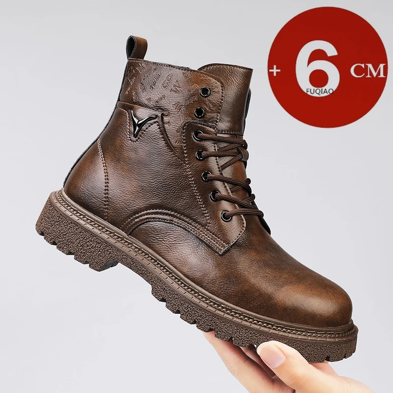 Men'S Shoes With Height Increase - 6cm身長アップ効果のあるメンズブーツ、レザー製、アウトドア、秋冬用シューズ、暖かい、滑り止め、快適なエレベーターアンクルブーツ