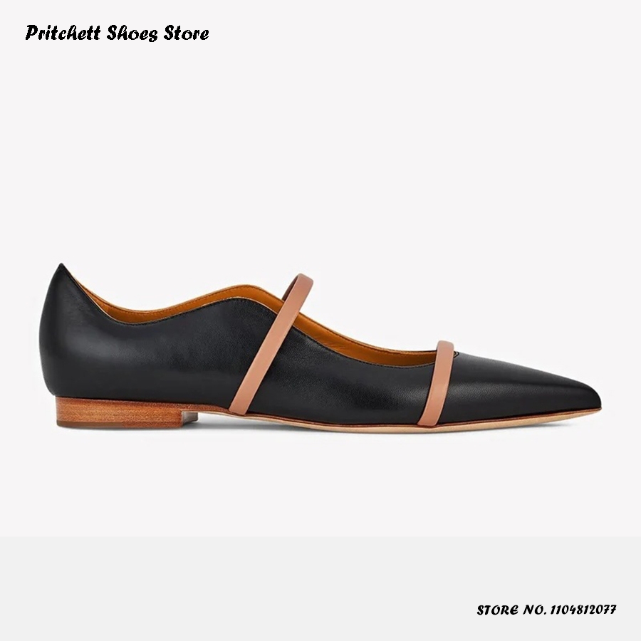Men Shoes Casual - レディース ダブルストラップ レザー バレエシューズ ポインテッドトゥ スクエアヒール