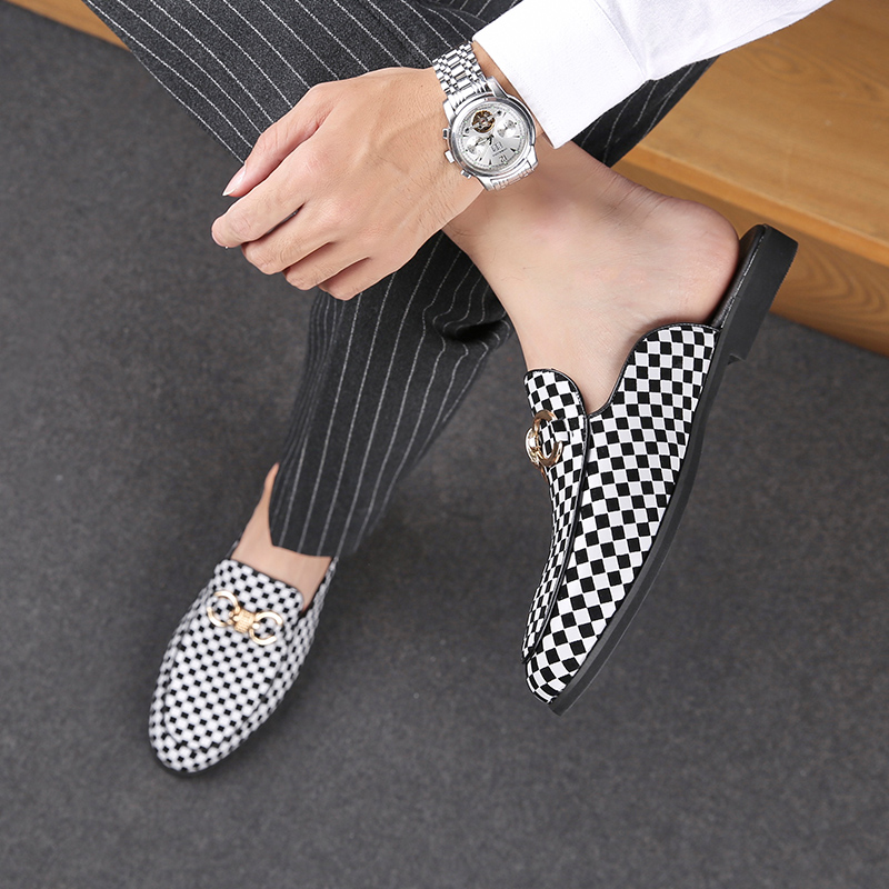 Men Shoes Louboutin - メンズスリッパブーツファッション男性黒革ハーフスリッパカジュアルサンダル夏メンズイタリア格子デザインビッグサイズ