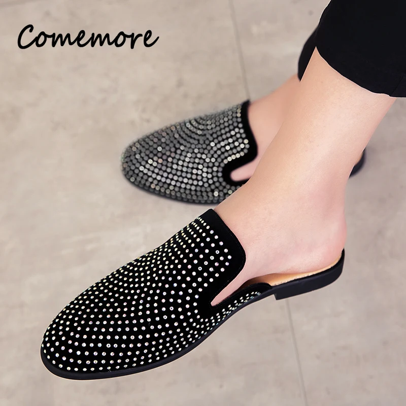 Men Shoes Louboutin - 男性用のきらびやかなラインストーンレザーシューズ,カジュアルシューズ,ハーフスリッパ,デザイナーアウター,高級ファッション,モカシン