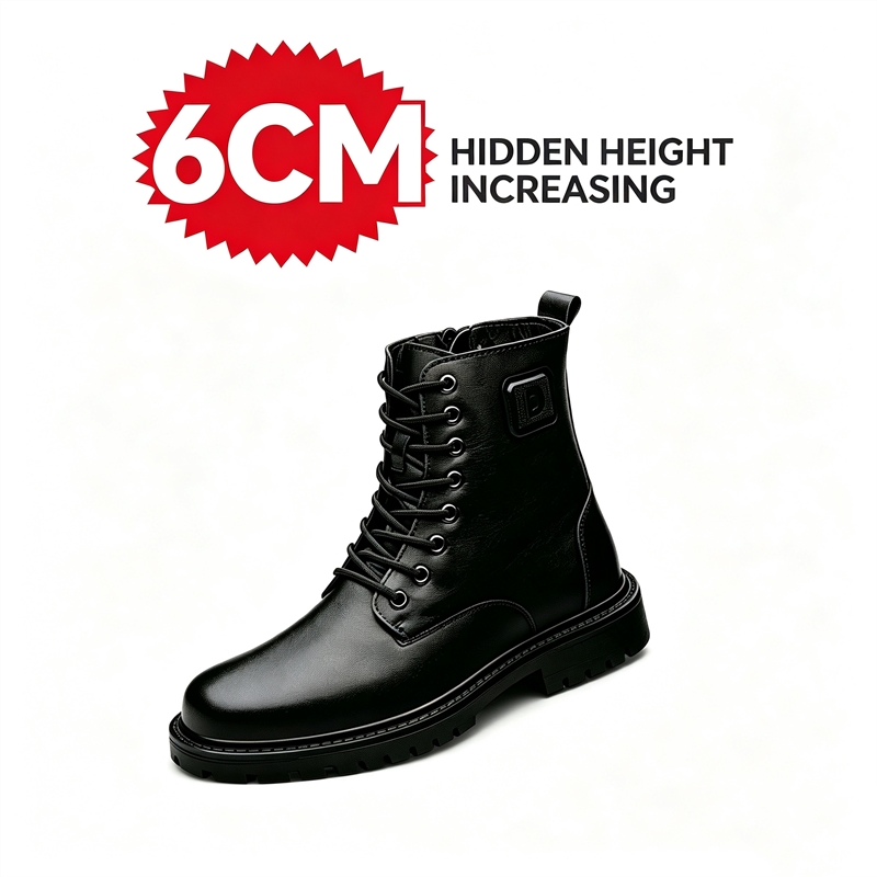 Men'S Shoes With Height Increase - メンズ6cm身長アップレザーブーツ 冬用フリース裏地付き暖かいアンクルブーツ 滑り止めサイドジッパー レースアップ エレベーターブーツ