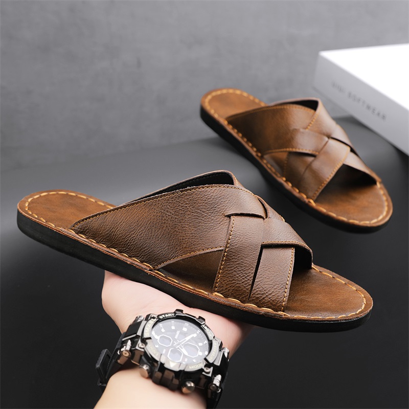 本革メンズカジュアルサンダル夏メンズスリッパ屋外通気性ビーチ - Men Shoes Marks のレビューと価格