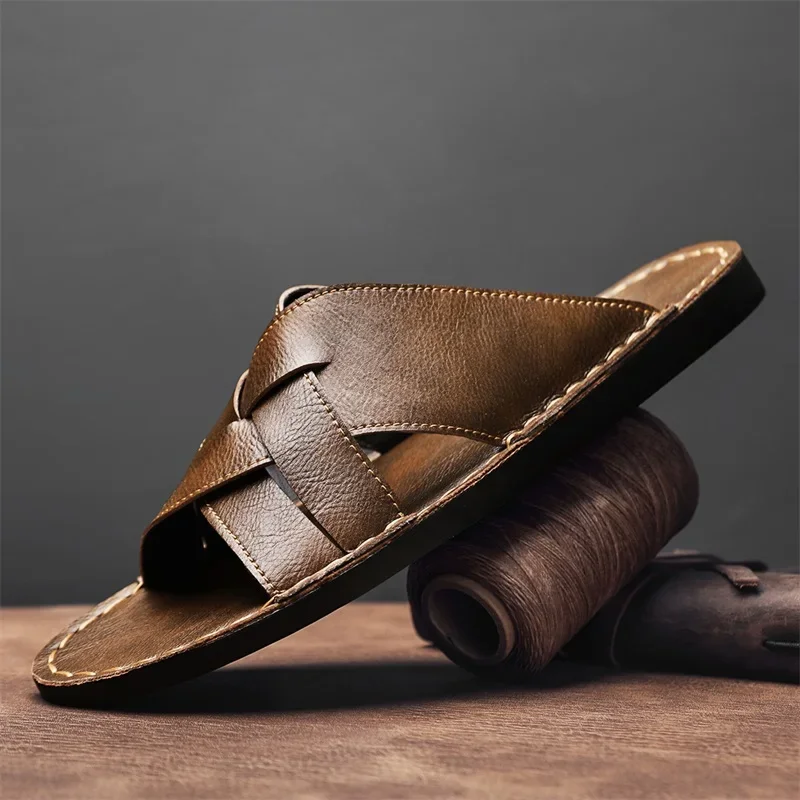 本革メンズカジュアルサンダル夏メンズスリッパ屋外通気性ビーチ - Men Shoes Marks のレビューと価格