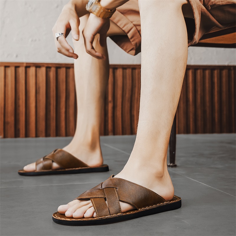本革メンズカジュアルサンダル夏メンズスリッパ屋外通気性ビーチ - Men Shoes Marks のレビューと価格
