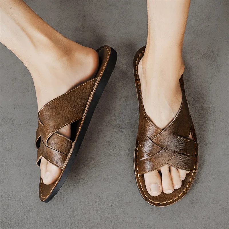 本革メンズカジュアルサンダル夏メンズスリッパ屋外通気性ビーチ - Men Shoes Marks のレビューと価格