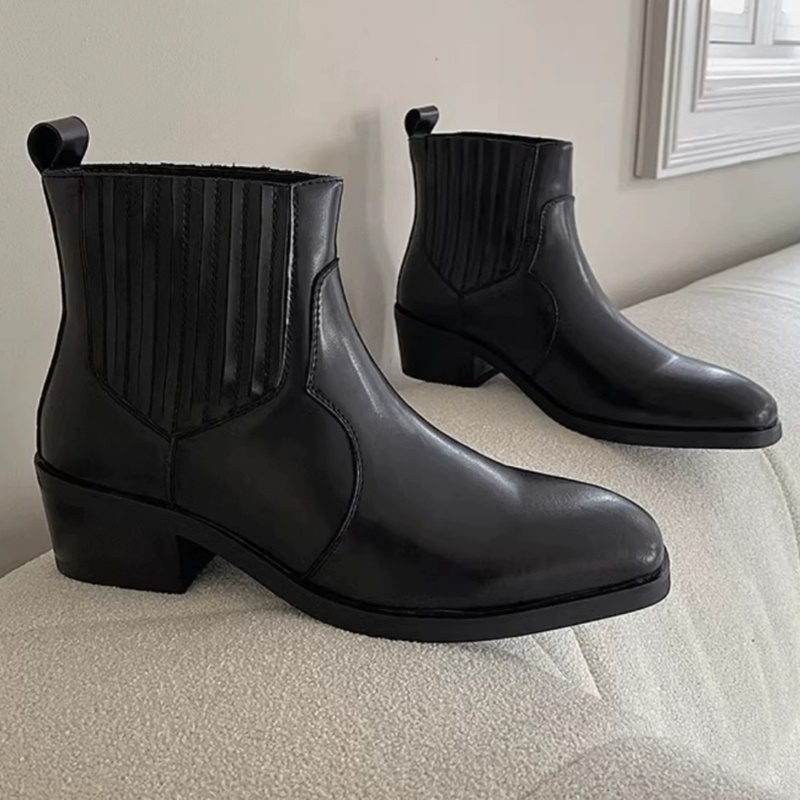 秋冬用ブラックレザーシューズ メンズ ウエスタンブーツ 5c - Men'S Shoes With Height Increase のレビューと価格