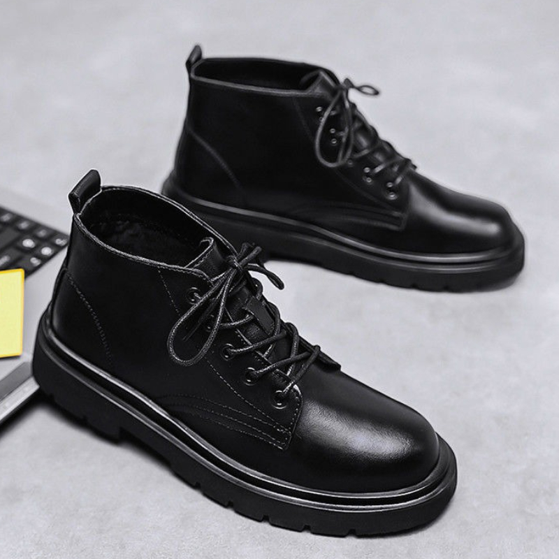 レザーブラックメンズハイカットレースアップブーツ秋ブリティッ - Men'S Shoes With Height Increase のレビューと価格